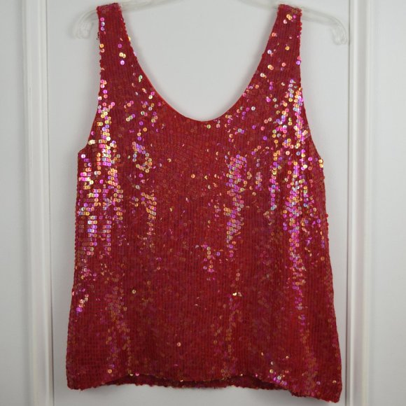 Jeanette for St Martin Sport Sequin Top Women Small Red Sleeveless Lined Disco - Picture 3 of 10